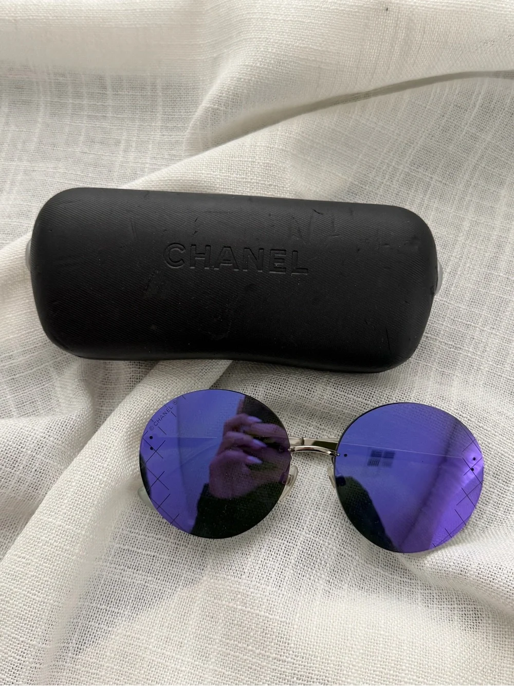CHANEL Round Purple Mirror Lens Sunglasses with Black Case